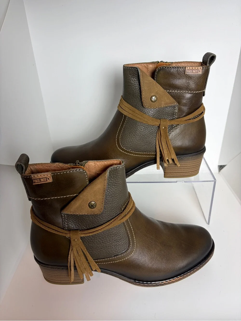 PIKOLINOS Zaragoza Leather Ankle Boots with Tassel Wrap in Moss Brown; Size 39